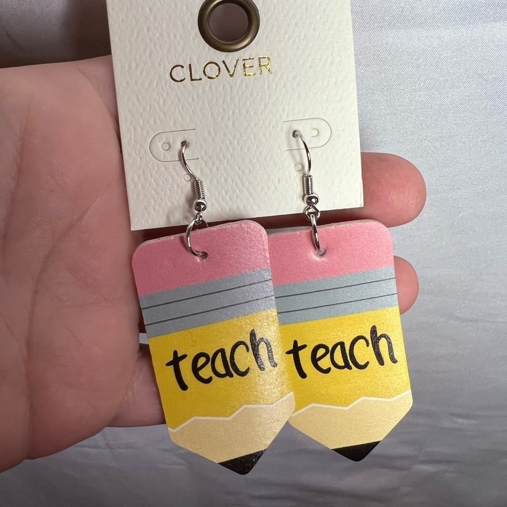 Clover Yellow and Pink Pencil Dangle Earrings Teach NWT
